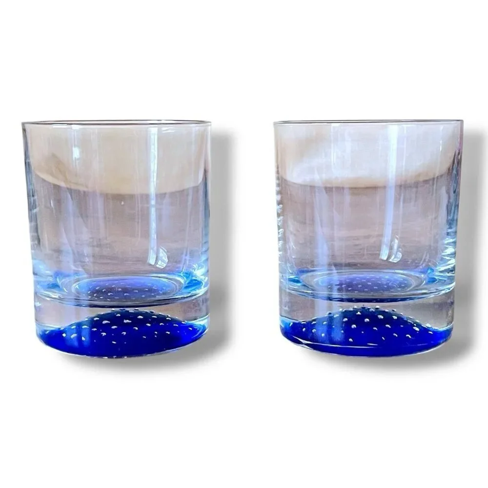 Vintage American Atelier Old Fashioned Rocks Glasses Blue Controlled Bubble 2 Pc